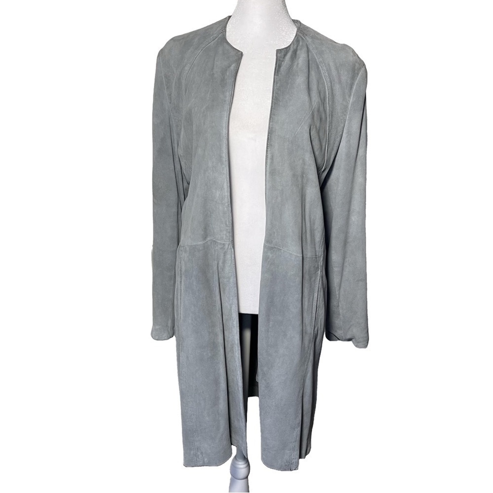 Gray Suede Leather Open Front Jacket Coat Duster Knee-Length Lined 12/14